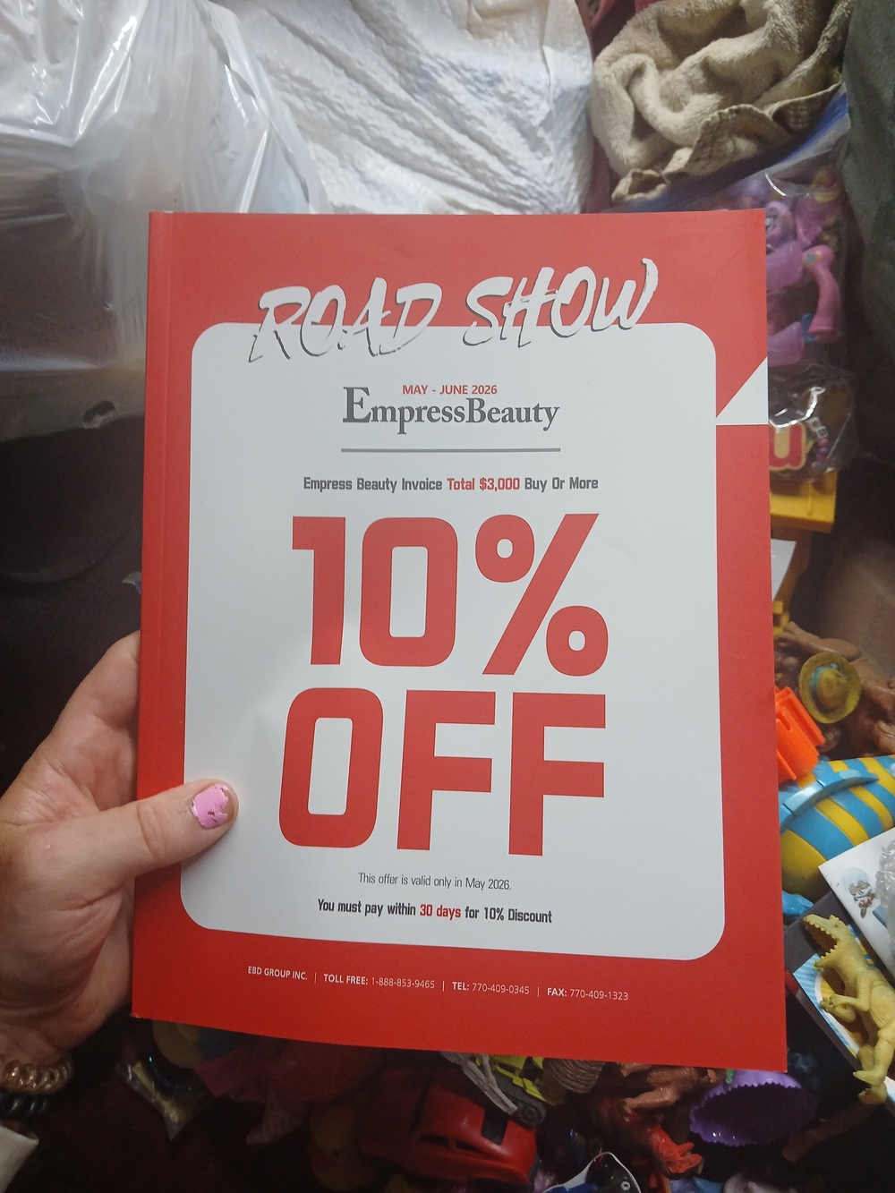 Empress Beauty promotional flyer for May–June 2026 offering 10% off on invoice t